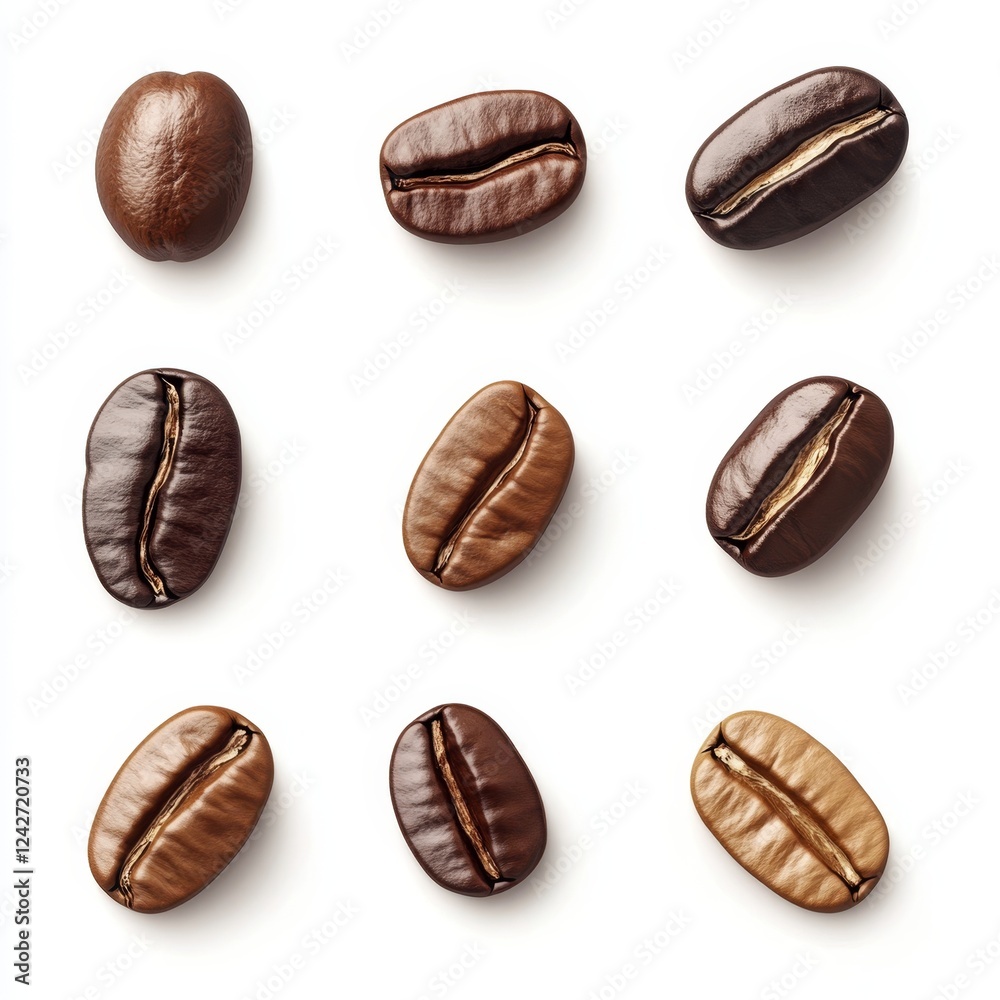 Diverse Coffee Bean Varieties Arranged on White Background Diverse Coffee Bean Varieties Arranged on White Background