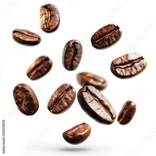 Floating Coffee Beans on White Background for Food and Beverage Use