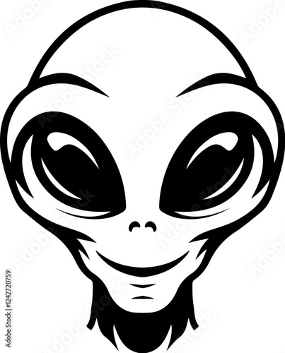 Illustration of a head of alien. Alien head. UFO. Cryptozoology. Design element for logo, label, sign, poster, card. Vector illustration