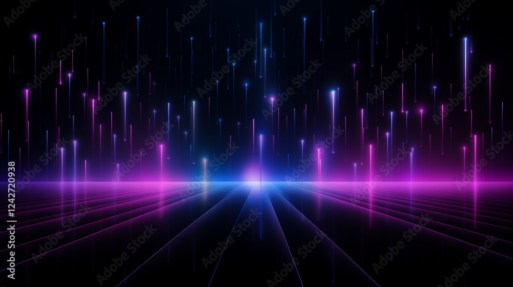 3D isometric purple and blue gradient with glowing vertical light lines, bokeh stars, and minimalist design isolated on a black background 3D isometric purple and blue gradient with glowing vertical light lines, bokeh stars, and minimalist design isolated on a black background