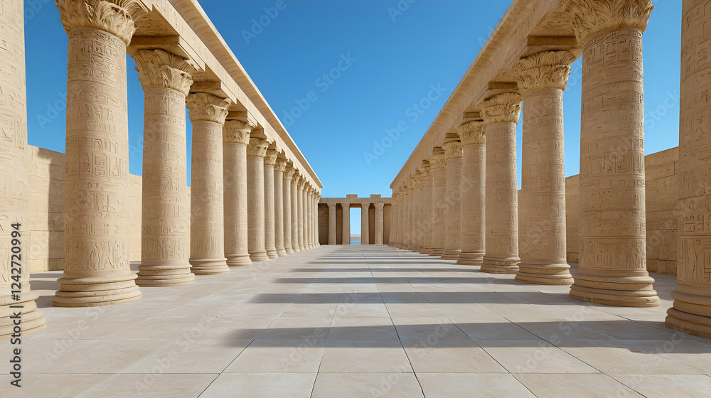 Fototapeta premium Ancient columns, desert temple, sunny day, architectural background, history illustration