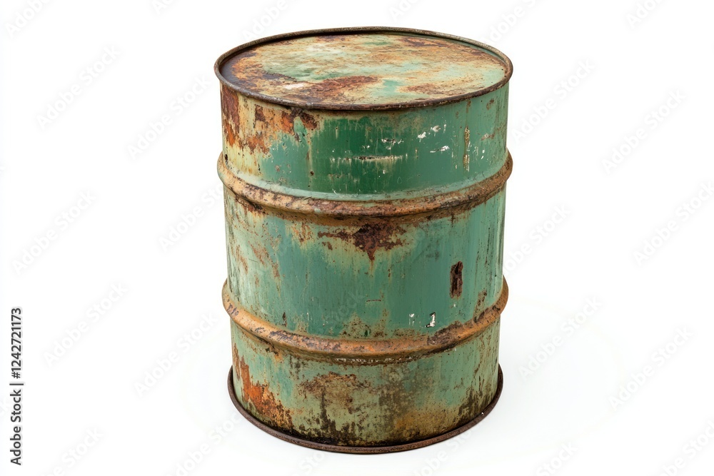 Rusty green metal barrel outdoors on white. Industrial waste disposal Rusty green metal barrel outdoors on white. Industrial waste disposal