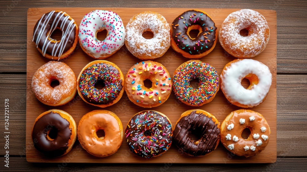 A variety of colorful donuts arranged on a wooden platter. A variety of colorful donuts arranged on a wooden platter.