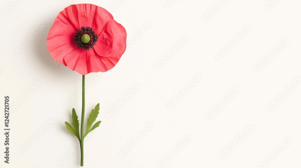 Single Red Poppy Flower on White Background Single Red Poppy Flower on White Background