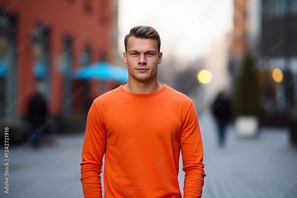 Obraz premium A man in an orange shirt stands on a sidewalk in front of a building