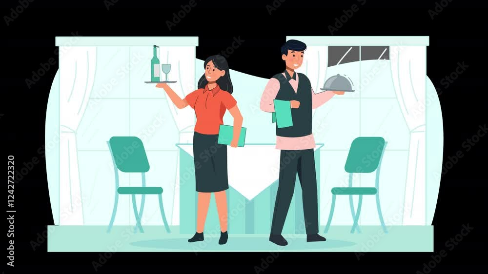 Illustrate hotel services with this 2D flat character animation scene, perfect for creating informative and appealing visuals.