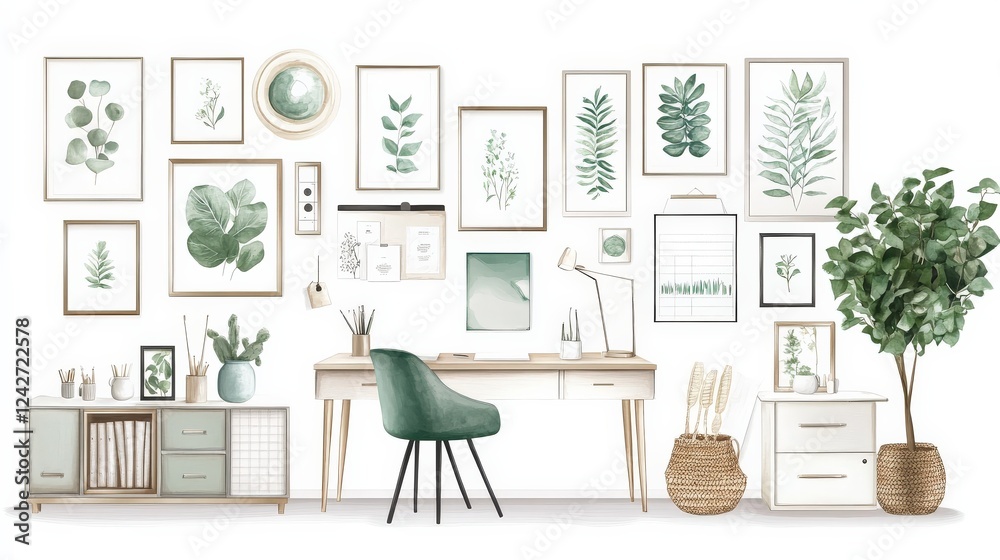 Fototapeta premium Modern home office featuring a stylish desk, green decor, and botanical wall art in a bright setting