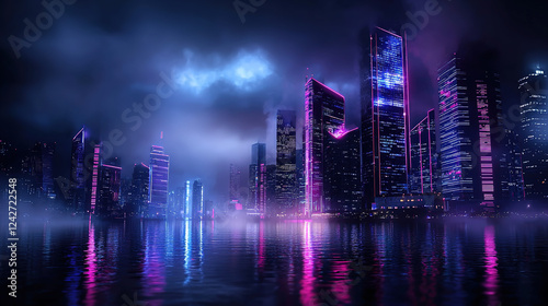 Wallpaper Mural Ultra-modern cityscape with towering neon skyscrapers glowing in shades of electric pink, purple, and blue, featuring intricate geometric patterns and glowing data streams, evoking a futuristic atmosp Torontodigital.ca