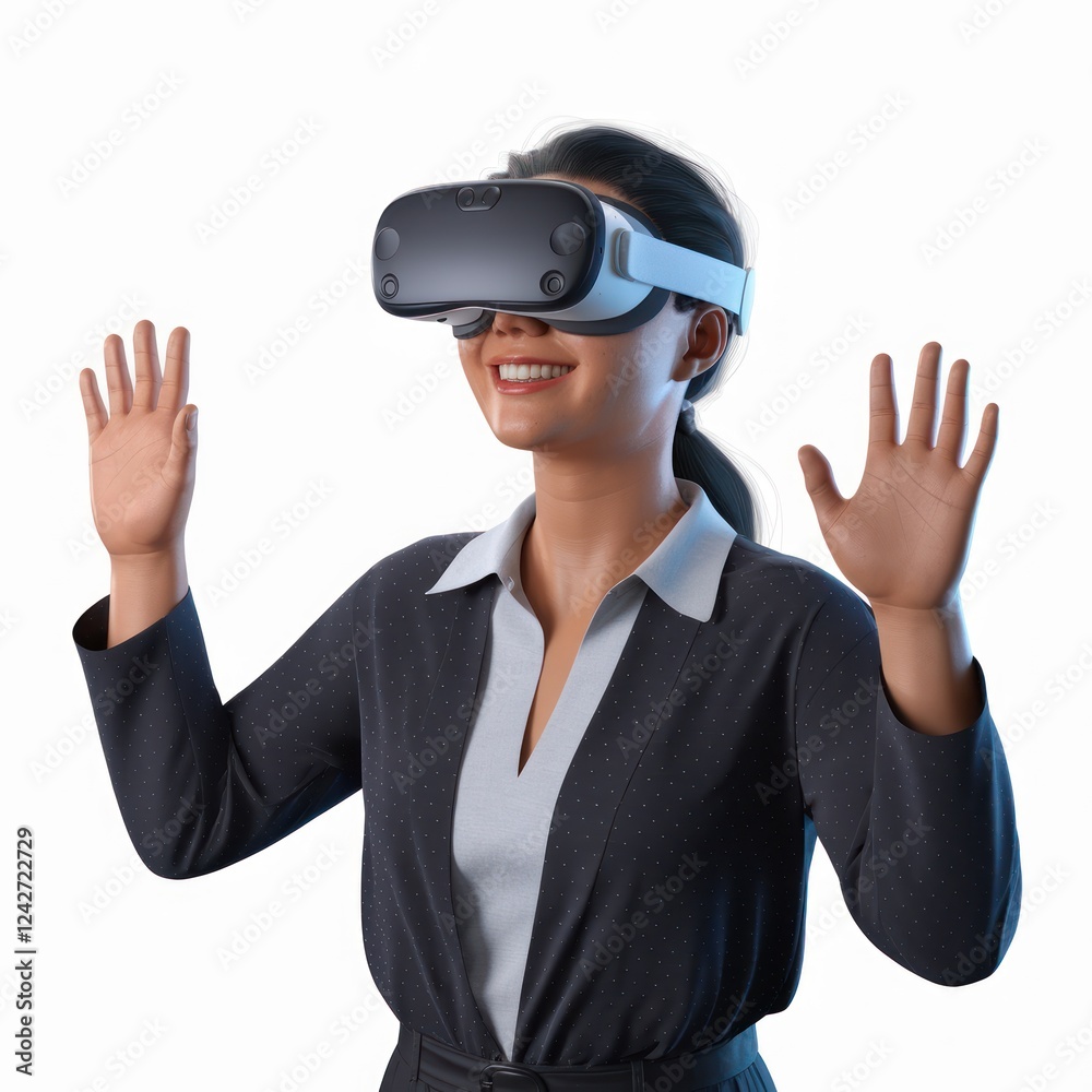 woman wearing vr headset smiling isolated on white background woman wearing vr headset smiling isolated on white background