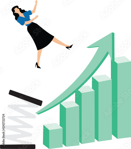 Leap forward, business change or transform to success winning, jump high challenge or progress to achievement, courage to move forward concept, businesswoman leap forward jump over growth rising graph