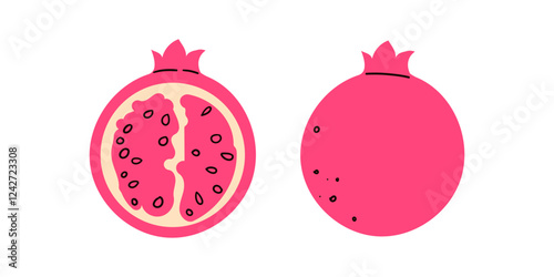 Retro style sliced pomegranate vector clipart collection. Perfect art for stickers, poster, label, sale, card. Hand drawn illustration for decor and design.