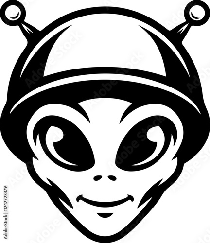 Illustration of a head of alien. Alien head. UFO. Cryptozoology. Design element for logo, label, sign, poster, card. Vector illustration