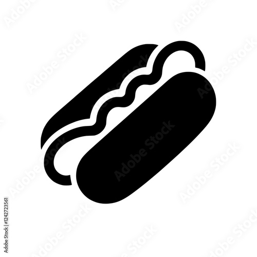 Hot Dog Icon: A simple, bold black icon of a hot dog, perfect for menus, food blogs, or any project related to classic American eats. The icon's clean design ensures easy readability and scalability.