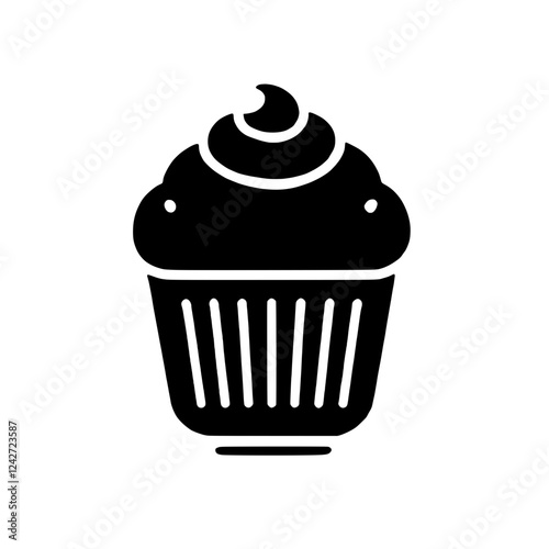 Delicious Cupcake Icon: A simple yet delightful black and white icon of a cupcake, complete with swirl of frosting, perfect for bakery websites, menus, and apps.  