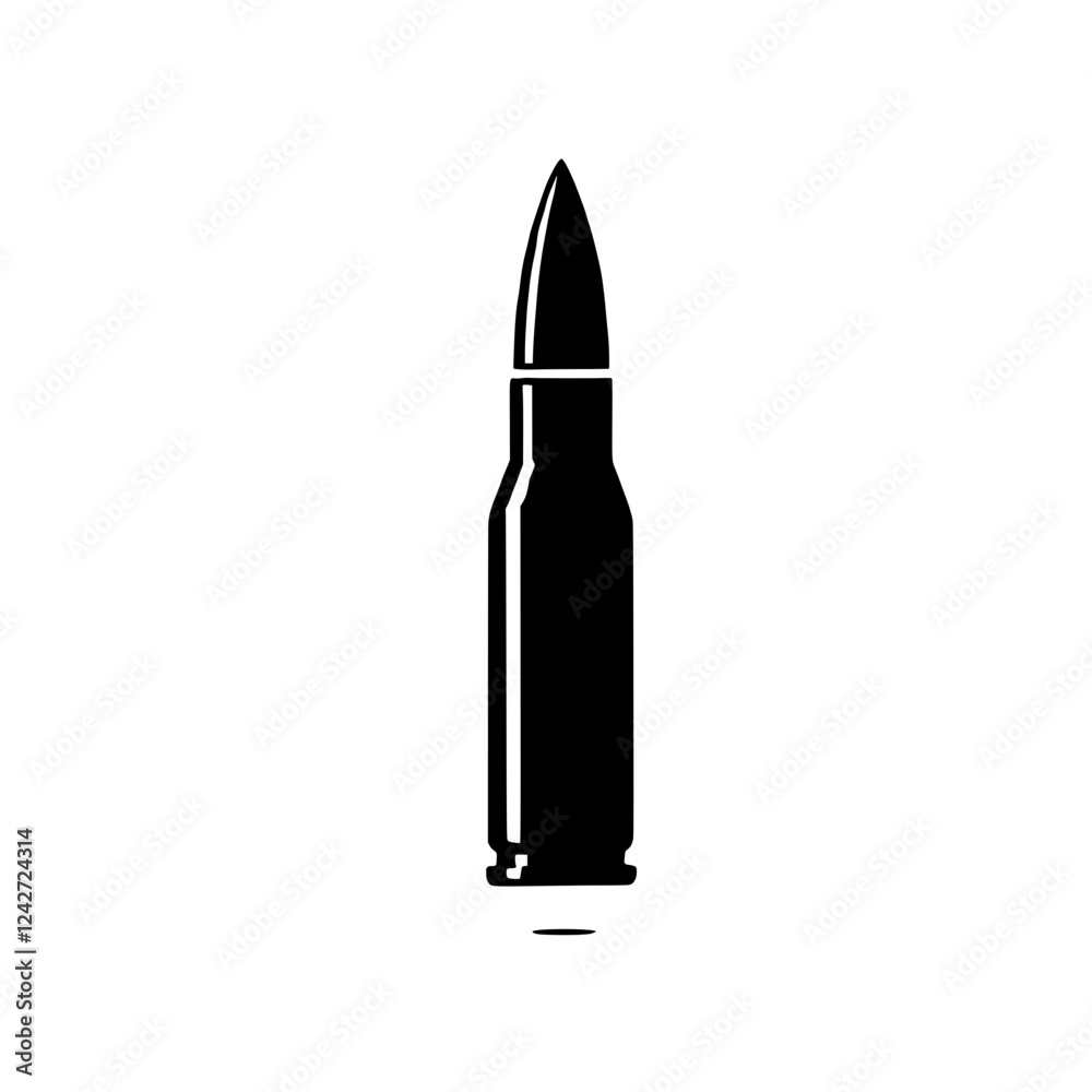 Bullet Icon: A simple, bold black silhouette of a bullet, ideal for military, safety, or hunting-related designs. The clean, minimalist style makes it versatile for various applications. Bullet Icon: A simple, bold black silhouette of a bullet, ideal for military, safety, or hunting-related designs. The clean, minimalist style makes it versatile for various applications.