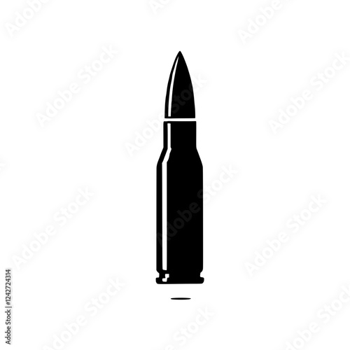 Bullet Icon: A simple, bold black silhouette of a bullet, ideal for military, safety, or hunting-related designs.  The clean, minimalist style makes it versatile for various applications.