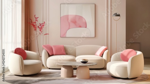 Elegant Minimalist Living Room Design with Bold Pink Accents on Beige Furniture