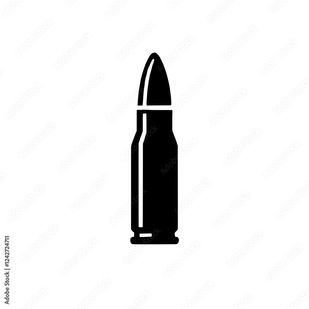 Bullet Icon: A minimalist, bold black silhouette of a bullet, capturing a stark and symbolic image of weaponry. This vector illustration is ideal for conveying themes of danger, power, or conflict. Bullet Icon: A minimalist, bold black silhouette of a bullet, capturing a stark and symbolic image of weaponry. This vector illustration is ideal for conveying themes of danger, power, or conflict.