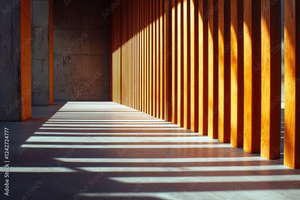 Fototapeta premium A close-up of vertical wooden slats in an outdoor building wall, illuminated by the morning sun casting long shadows on the concrete floor. 