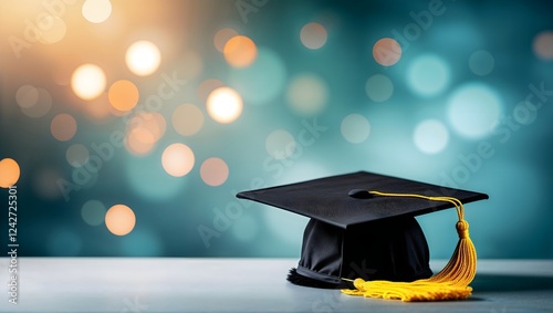 Graduation Cap on Teal: A black graduation cap with a golden tassel rests against a soft teal background, illuminated by warm, shimmering bokeh lights.  The image evokes a sense of hope.