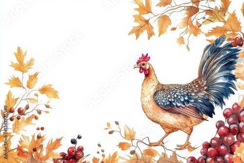 Autumn Watercolor Hen with Berries and Leaves photo