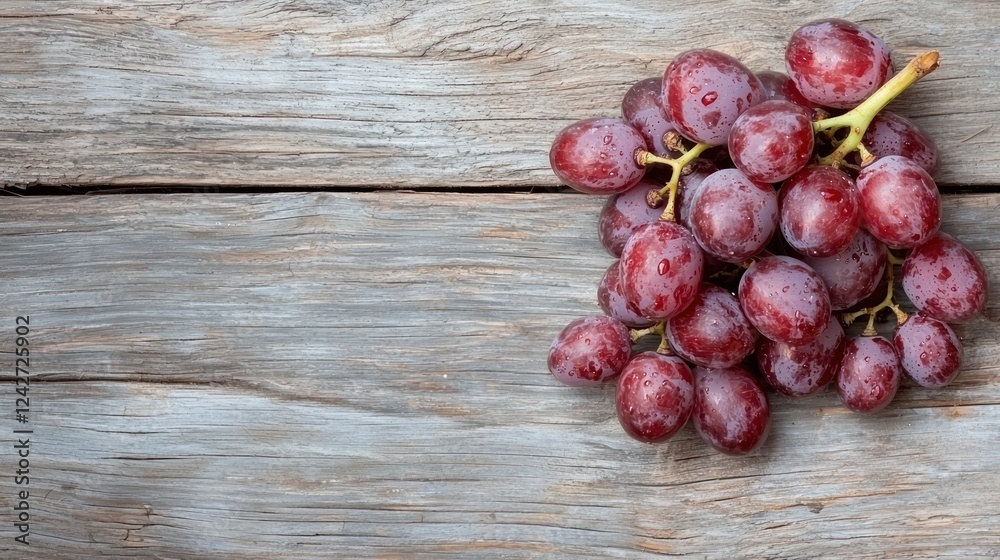 A cluster of fresh red grapes on a rustic wooden surface. A cluster of fresh red grapes on a rustic wooden surface.