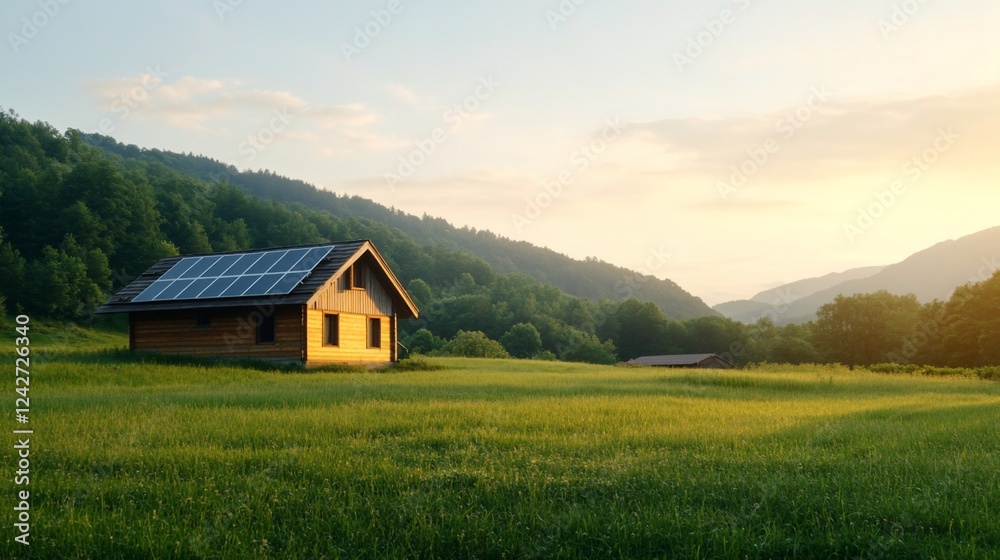 Solar home sunset meadow mountains eco Solar home sunset meadow mountains eco