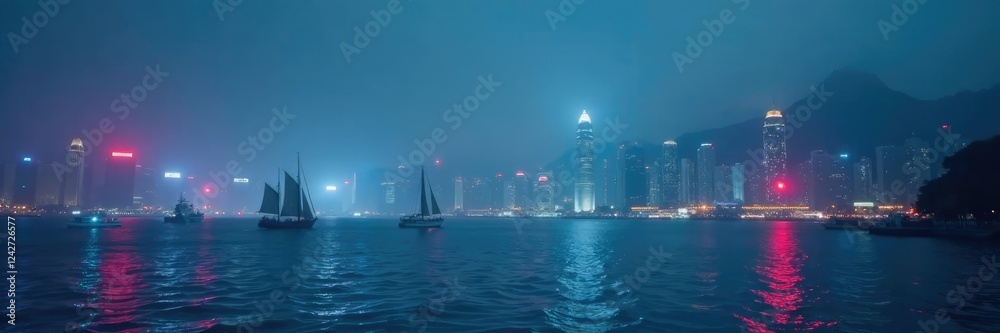 Obraz premium Foggy night scene of Hong Kong Bay with sailing vessels, fog, ships, foggy