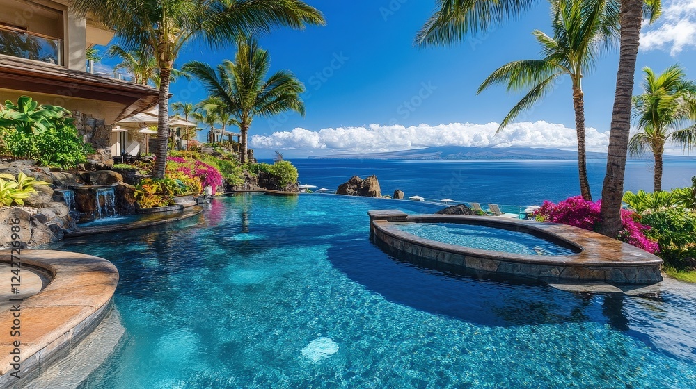 Fototapeta premium Oceanfront Paradise: A stunning infinity pool with a spa spills over into the vast blue ocean, framed by lush palm trees and an elegant villa.