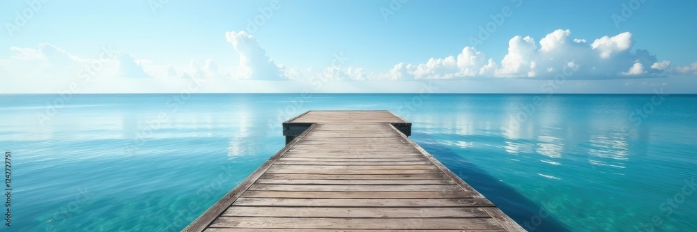 Wooden dock stretches out over still waters under clear sky, stretch, still Wooden dock stretches out over still waters under clear sky, stretch, still