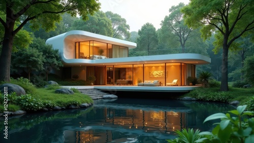 Modern Architectural Design Serene Residence Nestled Within Lush Green Foliage, Reflecting Tranquility on a Still Pond