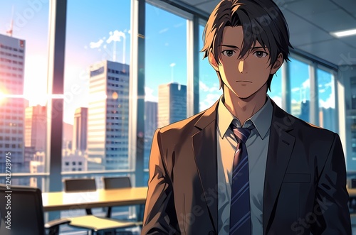 Depicting a professional businessman in a modern office environment, conveying ambition and confidence.