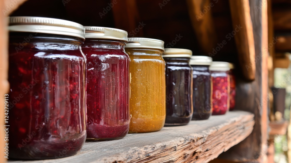 A row of colorful jars filled with various preserves on a rustic wooden shelf. A row of colorful jars filled with various preserves on a rustic wooden shelf.