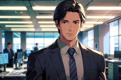 Depicting a professional businessman in a modern office environment, conveying ambition and confidence.