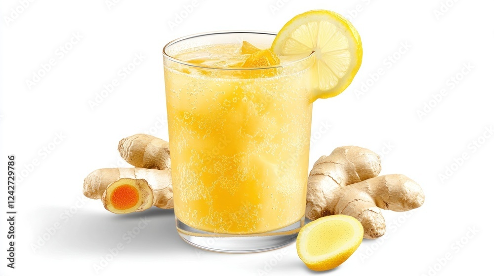 Refreshing Yellow Ginger Lemon Drink with Ice in Glass Refreshing Yellow Ginger Lemon Drink with Ice in Glass