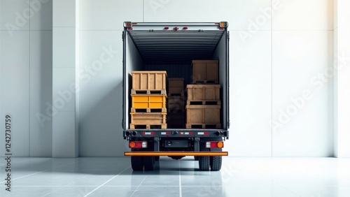 Rear view of a delivery truck with its cargo bay open, revealing neatly stacked wooden crates and pallets inside a large warehouse.