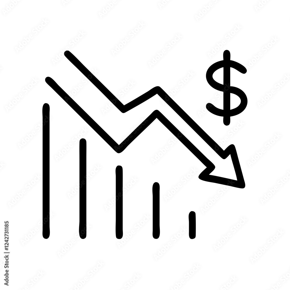 An icon showing a downward graph and a dollar sign, symbolizing falling prices or discounts during sales events. An icon showing a downward graph and a dollar sign, symbolizing falling prices or discounts during sales events.