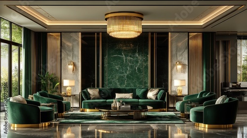 Luxurious green velvet living room, mansion interior design, daytime