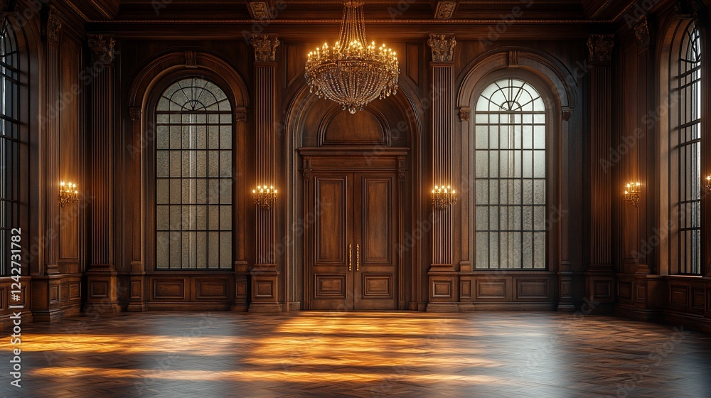 Obraz premium Elegant interior of a grand ballroom with a chandelier, wooden paneling, and large windows casting light