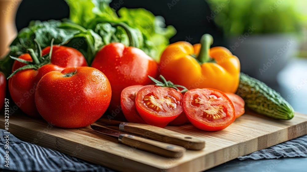 Fresh vegetables on a cutting board, ready for cooking or salad preparation. Fresh vegetables on a cutting board, ready for cooking or salad preparation.