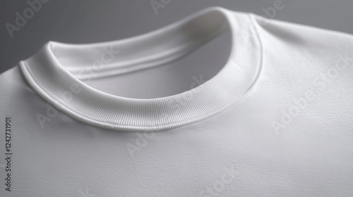 Close-up detail of a white T-shirt collar, showcasing texture and fabric quality. Ideal for fashion designers, ecommerce product listings, and branding presentations.