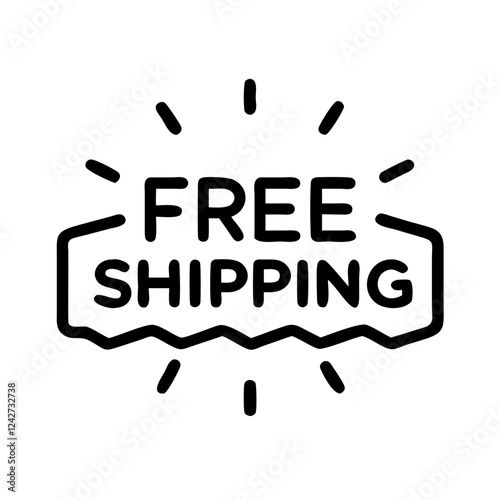  Icon displaying "Free Shipping" with decorative lines, symbolizing online shopping benefits and promotions.