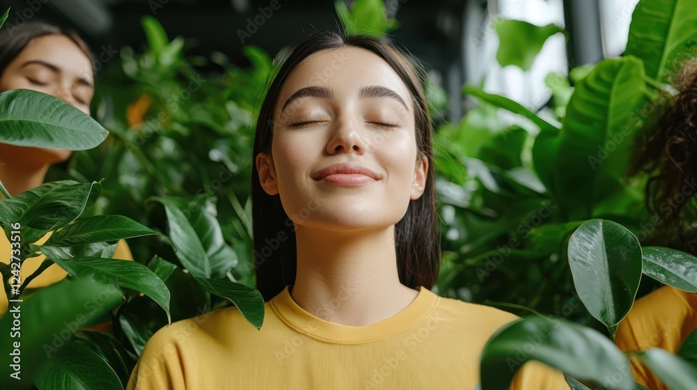 A serene woman surrounded by lush green plants, promoting relaxation and mindfulness. A serene woman surrounded by lush green plants, promoting relaxation and mindfulness.