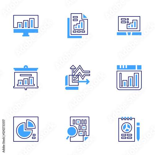 Analysis icon set. Bold line style. Duotone colors. Editable stroke. coding, analytics, analysis, businessreport, plan, laptop, studies, statistics, presentation photo