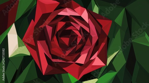 Stunning Red Rose in Geometric Low Poly Style. A captivating floral design with a modern polygonal aesthetic.  A perfect choice for art lovers and those seeking a unique floral piece.
