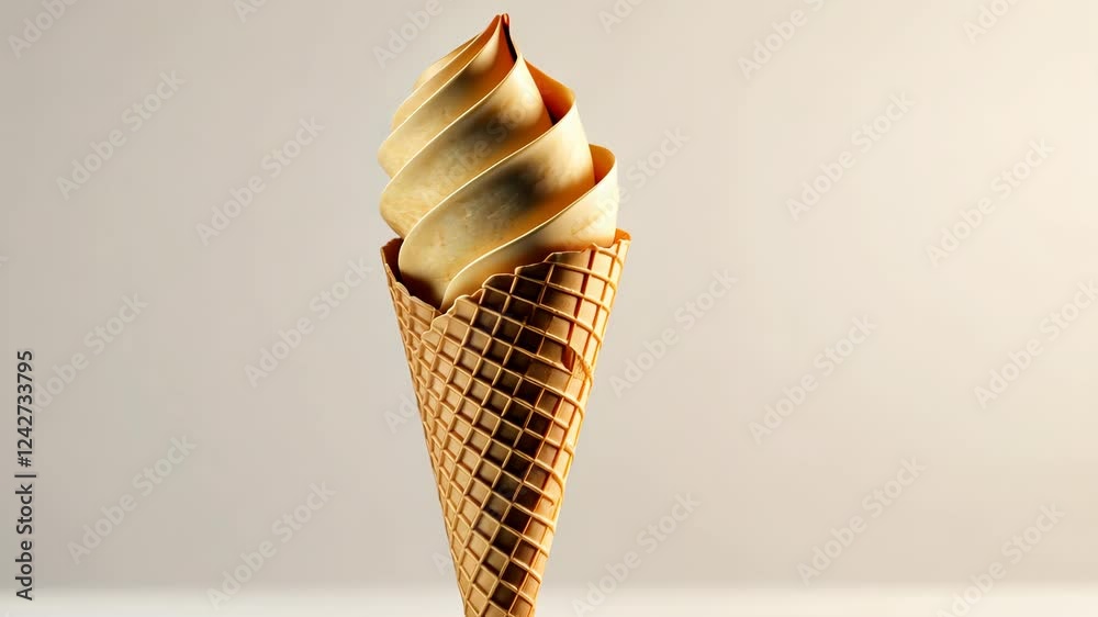 Rotating light brown soft serve nestled in crispy waffle cone, spinning against clean white background with smooth, appetizing motion