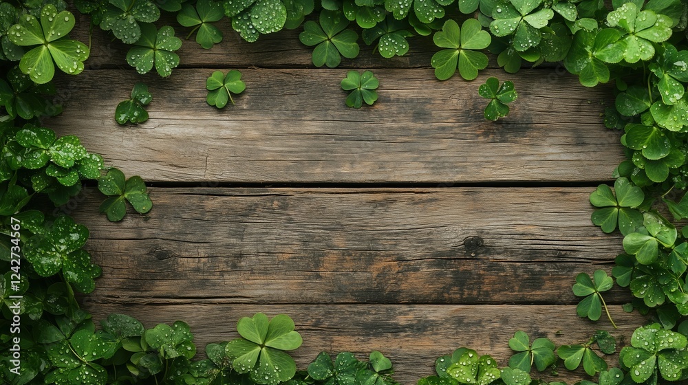 Fresh green shamrocks with water droplets on a rustic wooden background. Fresh green shamrocks with water droplets on a rustic wooden background.