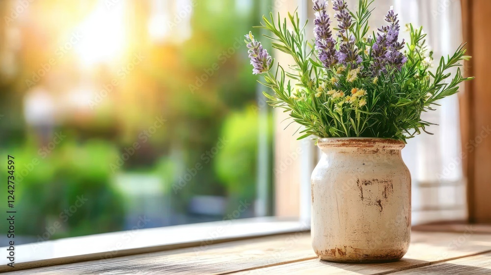 A rustic vase with lavender flowers sits on a windowsill, bathed in warm sunlight. A rustic vase with lavender flowers sits on a windowsill, bathed in warm sunlight.