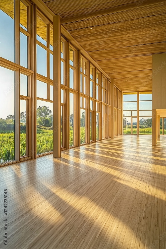 Fototapeta premium A large room with light wooden floors and ceiling, many windows on the left side of the space looking out onto an open field. 