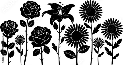 A series of assorted flowers are featured as black-and-white vector silhouette